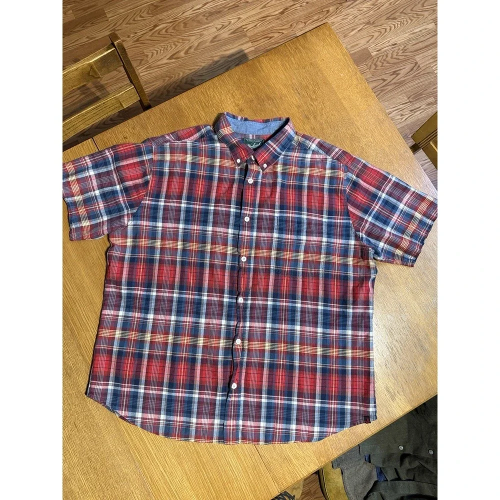 Woolrich Shirt Mens XXL Red Blue Plaid Short Sleeve Button Down 100% Cotton - Picture 2 of 8